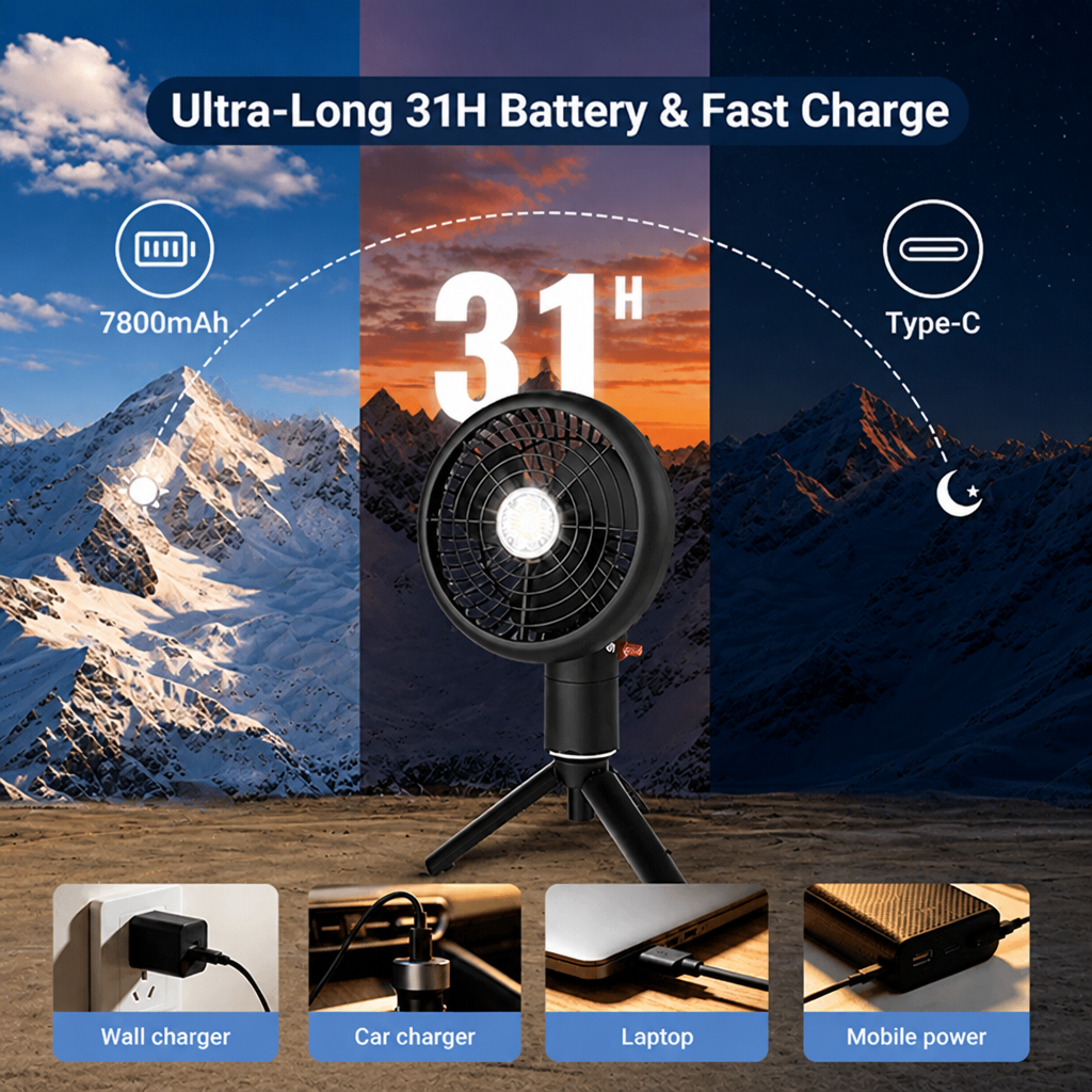 ORVOIS Zephyr 2-in-1 Wiederaufladbarer Tragbarer Ventilator, Camping-Licht